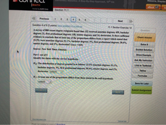 Astep-By-Step Approach, 10 l Ed. WIICCC MATH Hosted by ALDIS Corp eBook E Section 11.1 Question Check Answer Previous 1 2 3 5