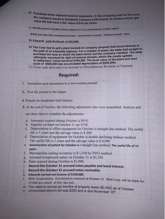 31 Purchase some adjacent land for ome adjacent land for expansion in lieu of paying cash for the land, the company issues to