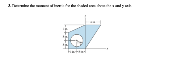3. Determine the moment of inertia for the shaded area about the x and y axis 6 in. 3 in. + 3 in. + 3 in. 1 1-3 in. + 3 in 1