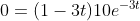0=(1-3t)10e^{-3t}