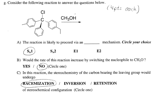 g. Consider the following reaction to answer the questions below. (4pts each) MC CH3OH A) The reaction is likely to proceed v