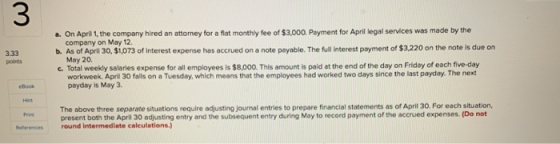 3.33 a. On April 1, the company hired an attorney for a flat monthly fee of $3,000. Payment for April legal services was made