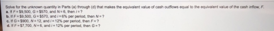 Solve for the unknown quantity in Parts (a) through (d) that makes the equivalent value of cash outflows equal to the equivalent value of the cash inflow, F a. If F $9,500, G $570, and N 6, then i? b. If F-$9,500, G-S570, and i-6% per period, then N ? С.lfG:$900, N:12, and i-12% per period, then F.? d. If F-$7,700. N-6, and i-1296 per period, then G #7