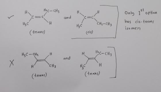 H. H and Hi H₂C- CH₂ =c H₃C H (trans) Only 1st option has cis-trans isomen CH₂ CH3 (cis) Не — сн. н H HC-CH₂ and H CH3 H, C