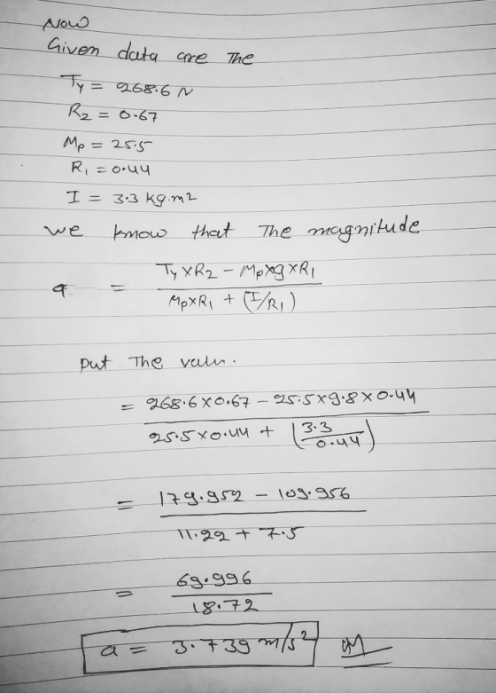 Now Given data are The Ty=968.6N R₂ = 0.67 Mp=255 R =o.uy I = 3.3 kg.m2 we know that the magnitude Ty XRz-Mp xg XR 1 a - Moxr