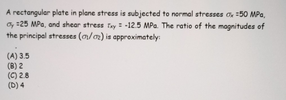 A rectangular plate in plane stress is subjected to normal stresses Ox =50 MPa, Oy = 25 MPa, and shear stress Txy = -12.5 MPa