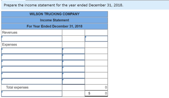 Prepare the income statement for the year ended December 31, 2018. WILSON TRUCKING COMPANY Income Statement For Year Ended De