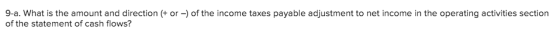 9-a. What is the amount and direction + or -) of the income taxes payable adjustment to net income in the operating activitie