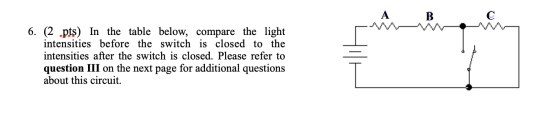 6. (2 pts) In the table below, compare the light intensities before the switch is closed to the intensities after the switch