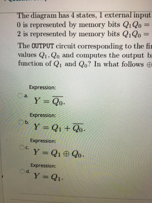 The diagram has 4 states, 1 external input 0 is represented by memory bits QiQo = 2 is represented by memory bits Q1Qo = The