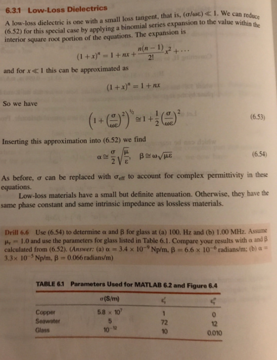 A low-loss dielectric is one with a small loss tangent, that is, (o/we) <1. We can reduce (6.52) for this special case by app