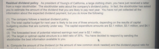 Residual dividend policy As president of Youngs of California, a large clothing chain, you have just received a letter from
