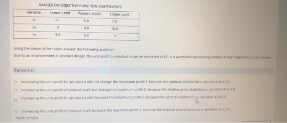 RANGES ON OBJECTIVE FUNCTION COEFFICIENTS Variable Lower Limit Present Value Upper Limit X1 5.0 7.0 X2 0 4.0 10.0 X3 3.0 6.0
