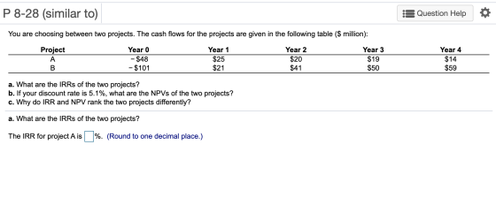 P 8-28 (similar to) Question Help You are choosing between two projects. The cash flows for the projects are given in the fol