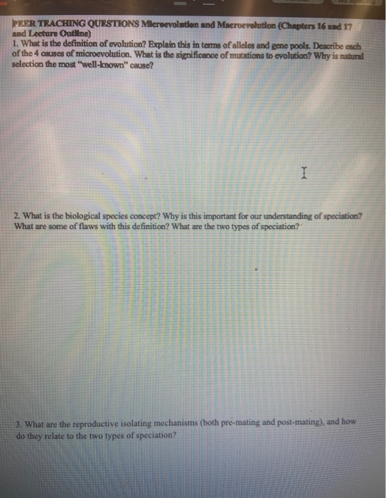 PRER TEACHING QUESTIONS Microevolution and Macroevolution (Chapters 16 and 17 and Lecture Outline) 1. What is the definition