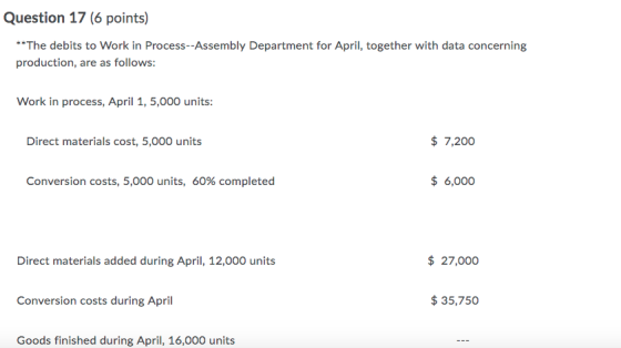 Question 17 (6 points) **The debits to Work in Process --Assembly Department for April, together with data concerning product
