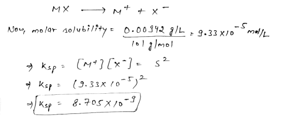 mol/l MX Mtax- Now, molar solubility = 0.00942 g/h.9.33x10 10l almol » Ksp = [mt] [x-] = se ay Ksp = (9.33x207572 1/kep = 8.7