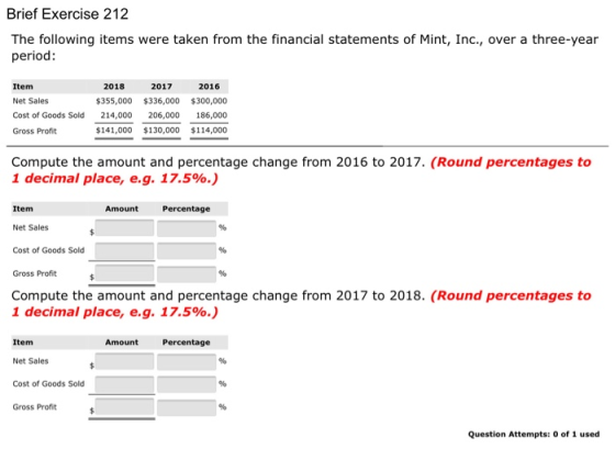 Brief Exercise 212 The following items were taken from the financial statements of Mint, Inc., over a three-year period: Item