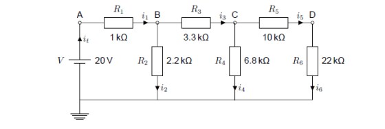R3 А В 1 kQ 3.3 kQ 10 kQ 20 V 2.2kQ V R2 6.8 kQ Re 22 kQ ie