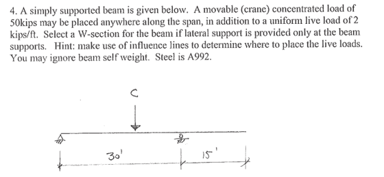 4. A simply supported beam is given below. A movable (crane) concentrated load of 50kips may be placed anywhere along the spa