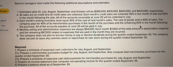 Beechs managers have made the following additional assumptions and estimates: hts 1. Estimated sales for July, August, Septe