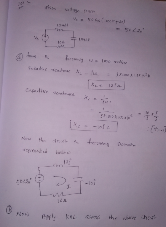 sol geven Voltage source Us = 50 cos (looot +20) 50 220° 12mH LOOMF loch WM from Us frequency wa w = 1000 radsee Inductive re