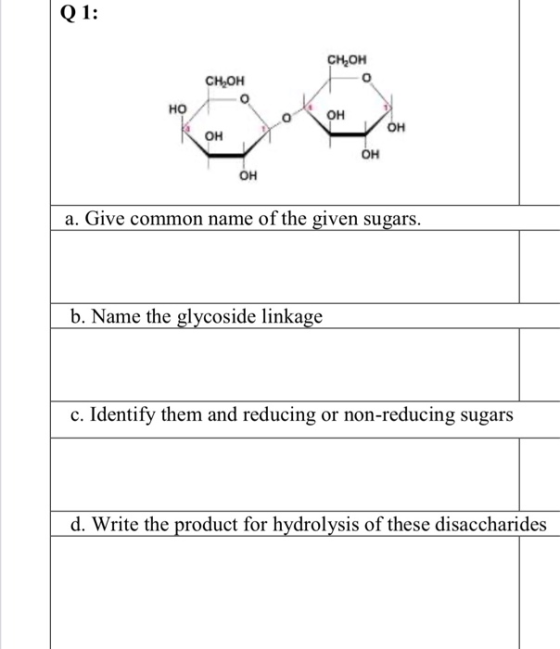 Q1: CH, OH CHOH HO X OH OH OH a. Give common name of the given sugars. b. Name the glycoside linkage c. Identify them and red