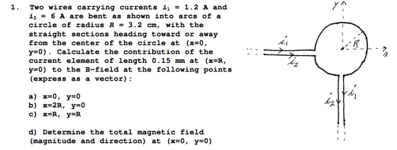 Two wires carrying currents i_1 = 1.2 A and i_2 =