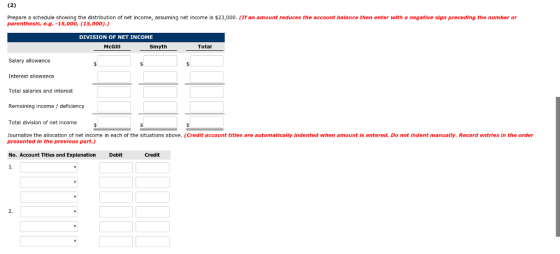 Prepare a schedule showing the distribution of net income, assuming net income is $23,000. (If an amount reduces the account balance then enter with a negative sign preceding the number or parenthesis, e.g.-15,000, (15,000).) DIVISION OF NET INCOME McGill Smyth Total Salary allowance Interest allowance Total salaries and interest Remaining income deficiency Total division of net income Journalize the allocation of net income in each of the situations above. (Credit account titles are automatically Indented when amount is entered. Do not Indent manually. Record entries In the order presented in the previous part.) No. Account Titles and Explanation 1. Debit Credit 2.