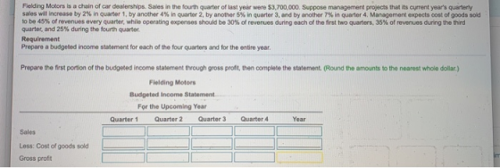 Fielding Motors is a chain of car dealerships. Sales in the fourth quarter of last year were $3,700,000. Suppose management p