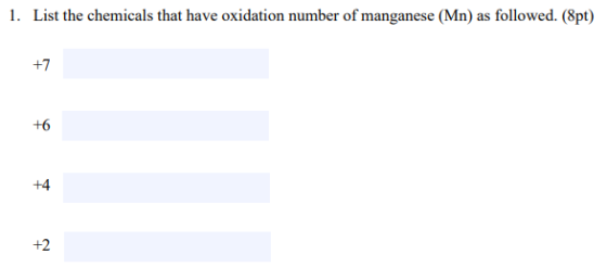1. List the chemicals that have oxidation number of manganese (Mn) as followed. (pt)