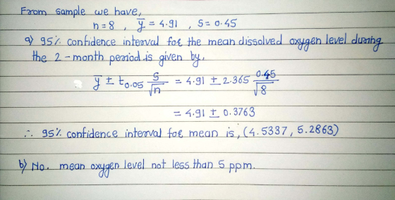 Exom Sample we h q5h confidence in teata fat the mean dissolved the 2-month peariodl is givten by onygth leel dung h level d 4.91 0.3763 9S7 confidence interval toe mean . (4 5337,5 2863) b) Ho. mean oaigen eval ns + less than 5 ppm