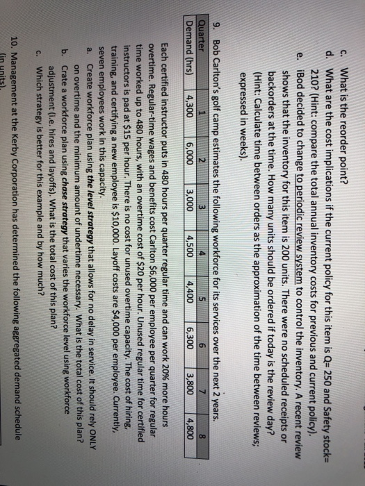 c. What is the reorder point? d. What are the cost implications if the current policy for this item is Q= 250 and Safety stoc