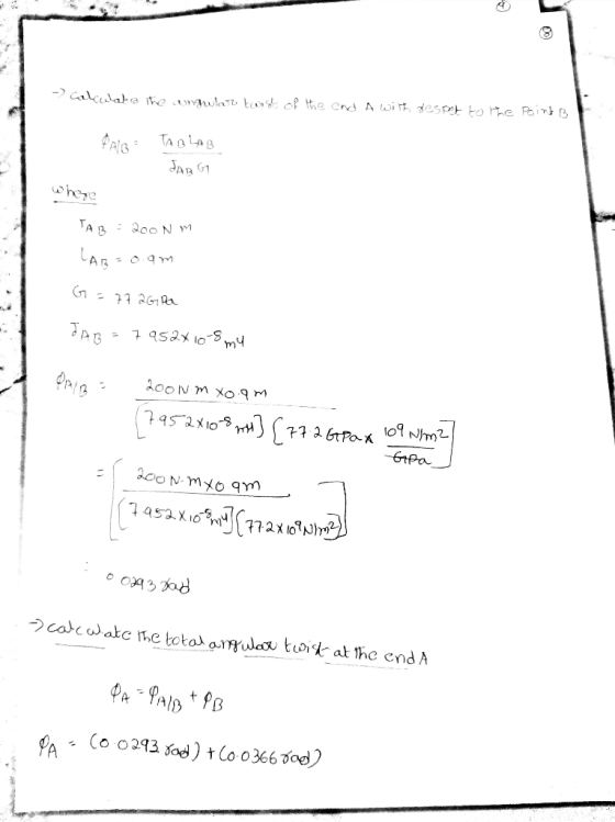 - - Calculate the angular twist of the end A with zespot to the point B Malg - TABLAB JARG Where TAB = 200 Nm LAB=o.am G = 77