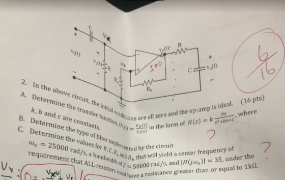 VO D IO 2. In the above circuit, the initial conditions are A. Determine the transfer function, H(s) VI(S) k, b and c are con