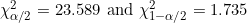 \small \chi^2_{\alpha /2} = 23.589 \textup{ and }\chi^2_{1-\alpha /2} = 1.735