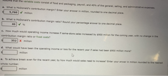 Assume that the variable costs consist of food and packaging, payroll, and 40% of the general, selling, and administrative ex