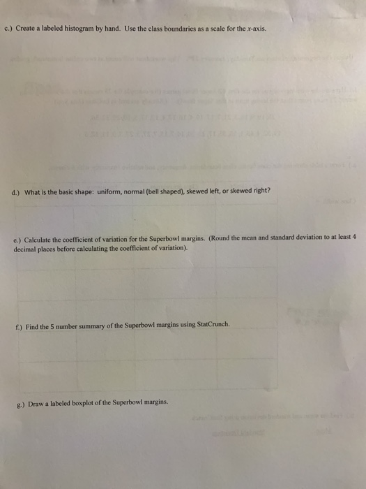 c.) Create a labeled histogram by hand. Use the class boundaries as a scale for the x-axis. d.) What is the basic shape: uniform, normal (bell shaped), skewed left, or skewed right? e.) Calculate the coefficient of variation for the Superbowl margins. (Round the mean and standard deviation to at least 4 decimal places before calculating the coefficient of variation). f) Find the 5 number summary of the Superbowl margins using StatCrunch. g) Draw a labeled boxplot of the Superbowl margins.