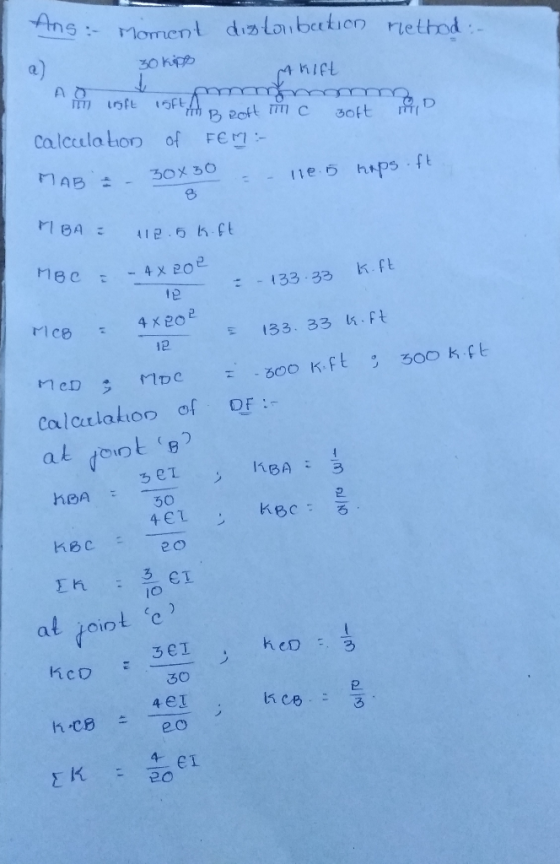 Ans: Moment dislaibekion nethod - 30 kipp 4KIFL A O 1SFE B Bott m c 3oft D Calcula bon of FEM MAB 30X 30 11e 6 hps fE MBA AIR
