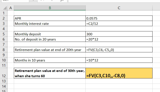 A B C 1 APR 0.0575 2 =C2/12 Monthly interest rate 4 Monthly deposit No. of deposit in 20 years 300 -20*12 6 7 Retirement plan