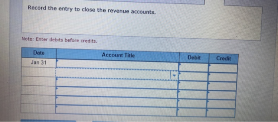 Record the entry to close the revenue accounts. Note: Enter debits before credits. Date Account Title Debit Credit Jan 31