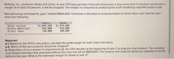 McNulty, Inc., produces desks and chairs. A new CFO has just been hired and announces a new policy that if a product cannot e