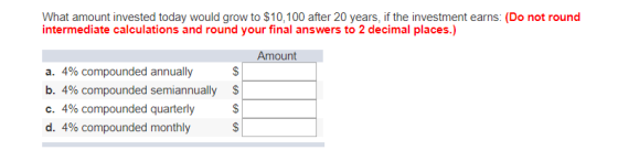 What amount invested today would grow to $10,100 after 20 years, if the investment earns: (Do not round intermediate calculat