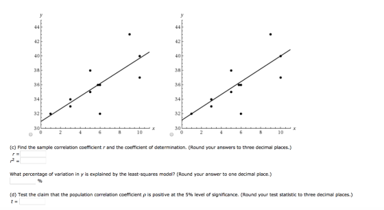 44 42 42 40 40 38 38 36- 36 34 34 32 32 30 4 10 6. 10 (c) Find the sample correlation coefficient r and the coefficient of de