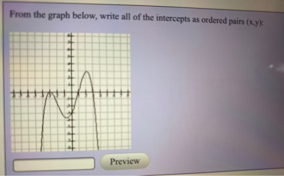 From the graph below, write all of the intercepts as ordered pairs (x,y): Preview