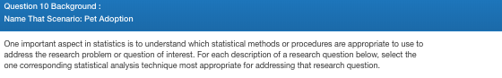 Question 10 Background: Name That Scenario: Pet Adoption One important aspect in statistics is to understand which statistical methods or procedures are appropriate to use to address the research problem or question of interest. For each description of a research question below, select the one corresponding statistical analysis technique most appropriate for addressing that research question.