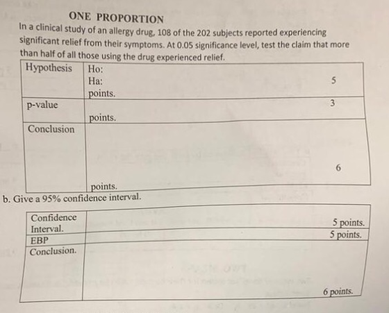 ONE PROPORTION In a clinical study of an allergy drug, 108 of the 202 subjects reported experiencing significant relief from