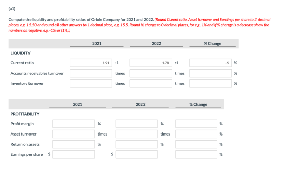 (a1) Compute the liquidity and profitability ratios of Oriole Company for 2021 and 2022. (Round Curent ratio, Asset turnover