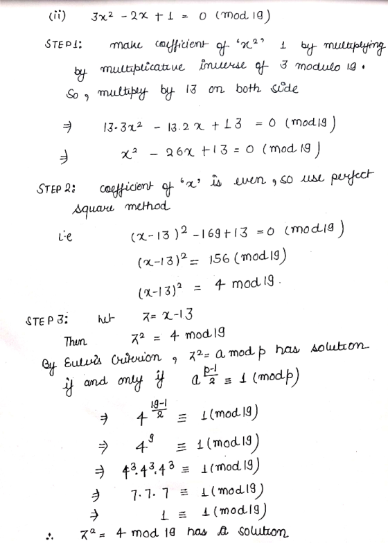 13-3a3-13.2 χ t L 3-0 (modig uare method (x-13 )2 -169I3o (modlg (X-13)2-156 (modig (X-13) 4 mod 19 Thun ス2 = 4 mod Ig I9-1 7