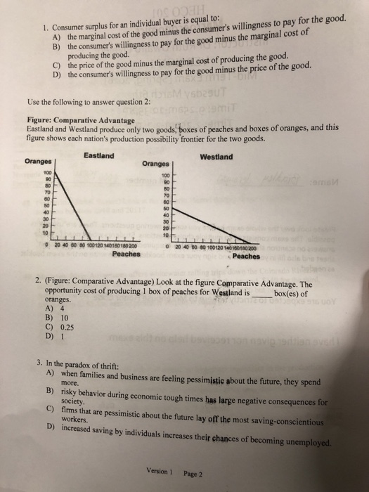 1. Consumer surplus for an individual buyer is equal to: A) the marginal cost of the good minus the consumers willingness to pay for the good. he consumers willingness to pay for the good minus the marginal cost of C) D) producing the good. the price of the good minus the marginal cost of producing the good. the consumers willingness to pay for the good minus the price of the good. Use the following to answer question 2: Figure: Comparative Advantage Eastland and Westland produce only two goods, boxes of peaches and boxes of oranges, and this figure shows each nations production possibility frontier for the two goods. Eastland Westland Oranges Oranges 100 100 如 90 70 20 t0 10 0 20 40 80 80 100120 140160180 200 20 40 80 80 100120 140160180 200 Peaches 0 2. (Figure: Comparative Advantage) Look at the figure Comparative Advantage. The opportunity cost of producing 1 box of peaches for Westland is box(es) of oranges. A) 4 B) 10 C) 0.25 D) 1 3. In the paradox of thrift: A) when families and business are feeling pessimistic about the future, they spend B) risky behavior during economic tough times has large negative consequences for more. society firms that are pessimistic about the future lay off the most saving-conscientious C) D) increased saving by individuals increases their chances of becoming unempl Version 1 Page 2